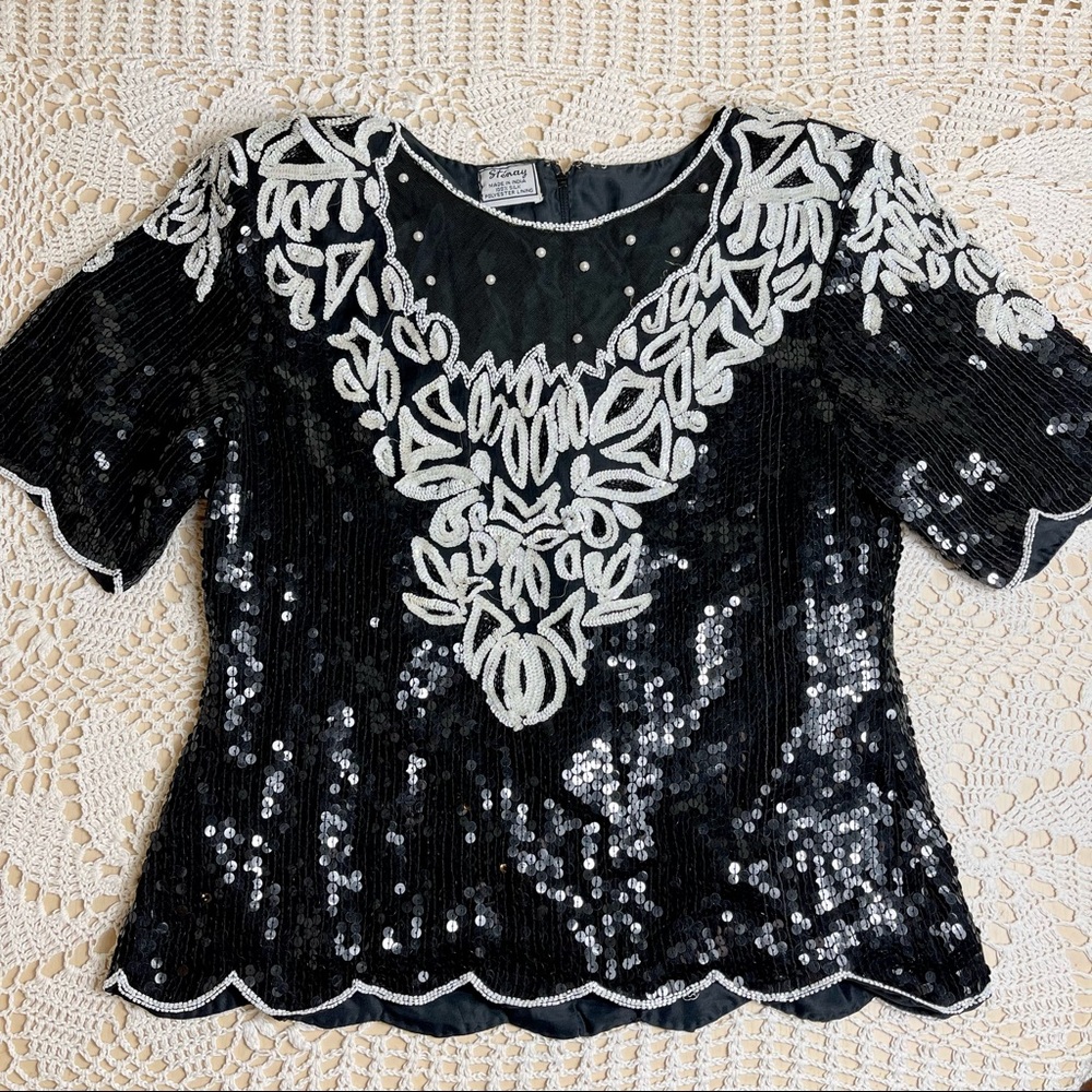 Vintage Stenay 1980s Black & White Sequin Beaded Evening Top